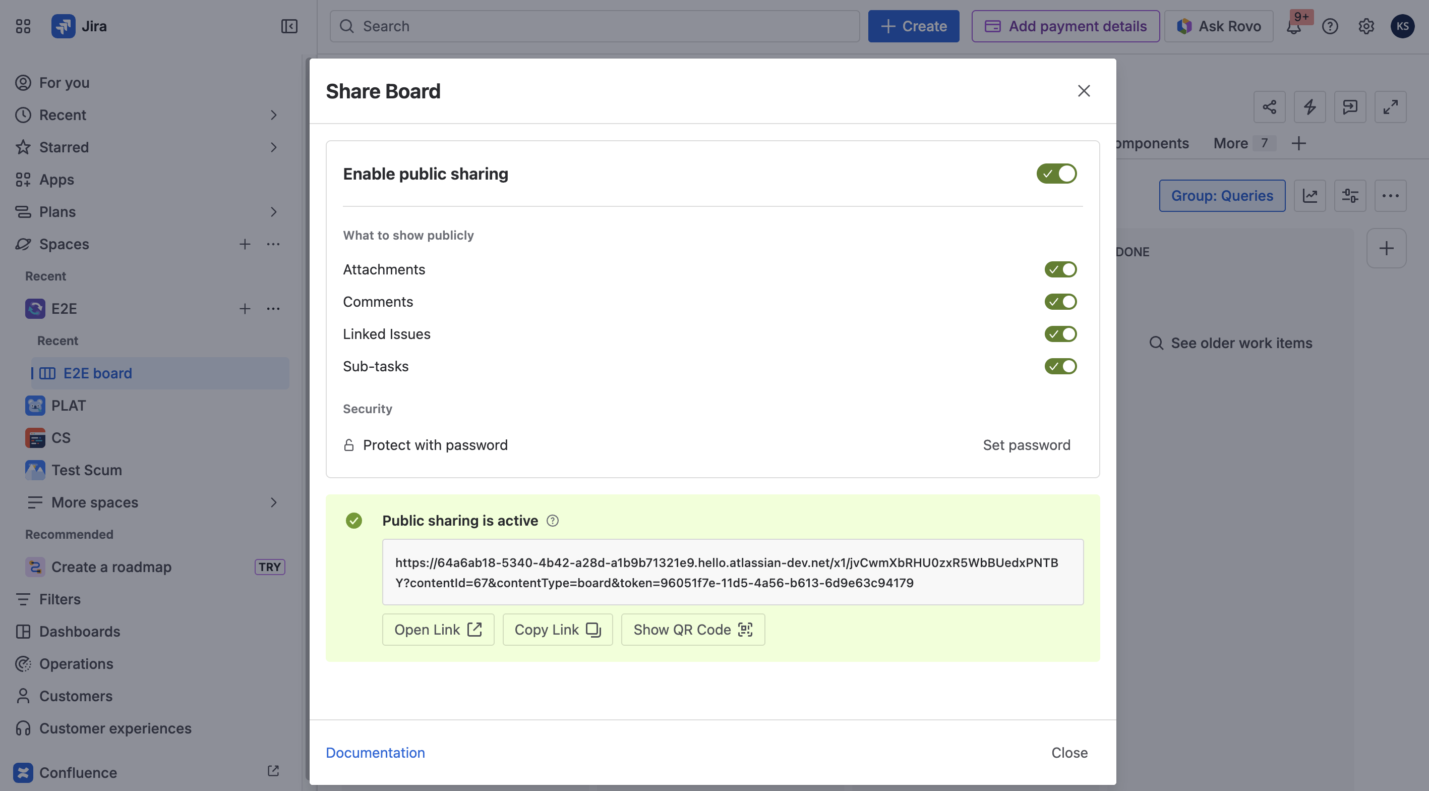 The Share External Link modal with content options